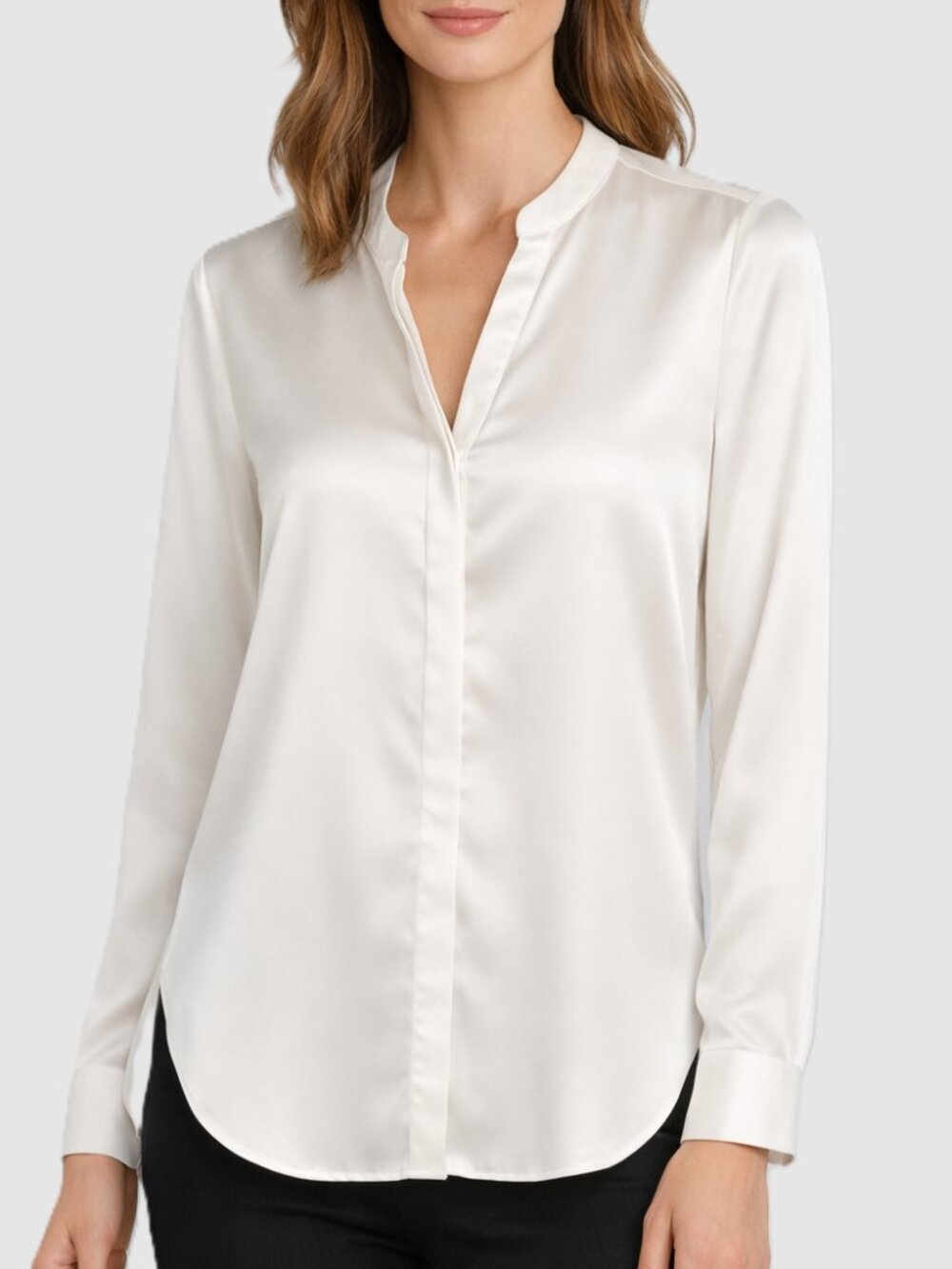 Halston Off White Satin Blouse Button Up Untucked Small
